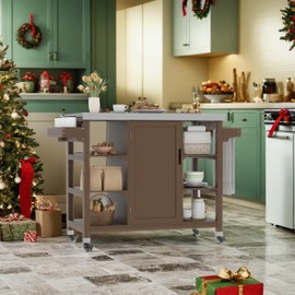 DWVO Outdoor Solid Wood Kitchen Island Grill Cart Movable with Stainless Steel Top and Spice Rack for Patio, Garden, Porch, Balcony, Outdoor Kitchen Island Bar Cart, Easy to DIY Color, Brown