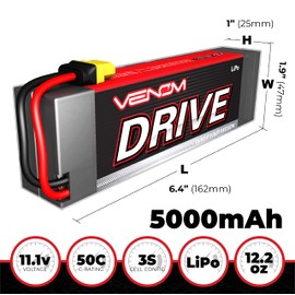 Venom Drive Series 50C 3S - 5000mAh 11.1V LiPo RC Battery, Lithium Polymer 3 Cell - Soft Silicone Connector & Compatible 2WD, 4WD, Truck & Buggies