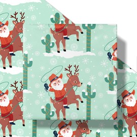 RUSPEPA Western Christmas Wrapping Paper Roll for Boys, Mini Roll, Cowboy Santa Riding Reindeer, Cactus and Snowflake Design Gift Wrap Paper for Kids Holiday, Western Party, 17 Inches x 16.4 Feet