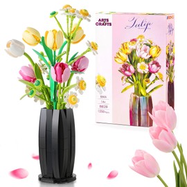Flowers Bouquet Building Set with Tulips Daisies Artificial Flower with Vase Botanical Collection for Home or Office Decor, Gifts for Valentine Mother's Day Birthday Anniversary Christmas (1250 PCS)