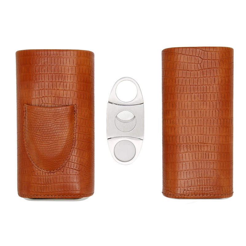 Cigar Case 3 Finger Cedar Wood Lining Portable Faux Leather
