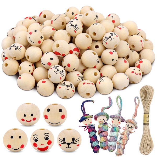 Kkluno Pack of 100 Wooden Beads with Face, Wooden Beads