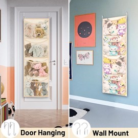 Over The Door Stuffed Animal Storage - Cotton Toy Organizer with 4 Large Pockets, Hanging Toy Holder for Plush Toys, Baby Supplies, Nursery, Kids Room Storage, Easy Installation