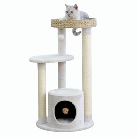 PetPals® Winnipeg 4-Level 35.8" Cat Tree with Recycled Paper Rope Top Nest Bed,Natural Sisal Scratching Posts, Large Base Condo,Natural Wicker Toy, for Indoor Cat, Cream