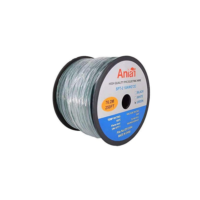 Aniai Spool 18/2 SPT-2 Bulk Lamp Cord, 300-Volt 18-Gauge. (250ft-SPT2-18AWG,