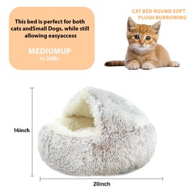 Cat Bed Round Soft Plush Burrowing Cave Hooded Cat Bed Donut for Dogs & Cats, Faux Fur Cuddler Round Comfortable Self Warming pet Bed