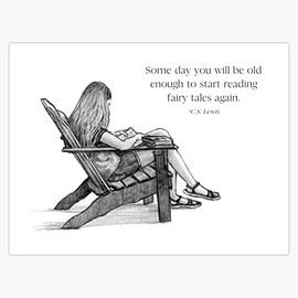 Girl Reading, Old Enough To Read Fairy Tales, C.S. Lewis Quote Bumper Sticker Vinyl Decal 5"