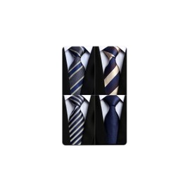 Enlision Business Necktie, Set of 4, , for Men, Formal, Easy Care, Thickness, Gift, with Pocket Square, Washable, Check/Stripe/Dot, Width 3.3 inches (8.5 cm), Total Length 59.1 inches (150 cm), Set 02