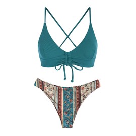 ZAFUL Women's Two Piece Bikini Set with Adjustable Bra Push-Up Back Triangle Bustle Swimming Trunks with Floral Pattern, 5-blue