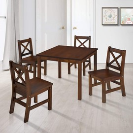 eHemco Solid Hard Wood Kids Table and Chair Set (4 Chairs Included), Coffee, 5 Piece Set