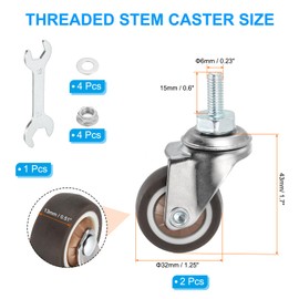 PATIKIL 1.25 Inch Stem Casters Wheel, 4Pcs Low Profile TPR Threaded Swivel Wheel 360° Quiet Rolling M6 x 15 mm Total Load 132 Lbs for Cart Furniture (2 with Brake, 2 Without)