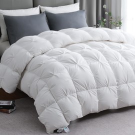 KAKABELL Pinch Pleat Goose Down Feather Fiber Comforter King Size, Breathable Fluffy White Duvet Insert with Cotton Blend Fabric, 750+Fill Power All Season Hotel-Quality Bed Comforter 90" x 106"