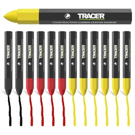 Tracer Construction Lumber Crayon Markers, Pack of 12 - Mixed Colours. 6 x Yellow, 4 x Red, 2 x Black, Multi Surface Marking Crayons