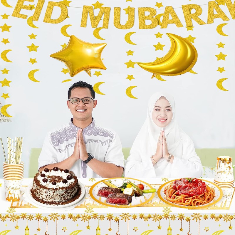 2Pcs Ramadan Table Cloth for Eid Tablecloths Party,130*220cm White Gold