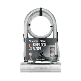 BLACKSTONE Stainless Steel U Bike Lock - 130dB Alarm, Reinforced 14mm Shackle - Ideal for Urban Cyclists & E-Bikes w/Double-Looped Steel Cable