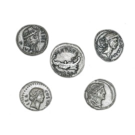 Ancient Roman Coins from the Gaius Julius Caesar Period Silver-Plated – SET of 5 Replica Pieces – Italian Handicraft, Handmade – Made in Italy