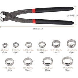 KAMTOP Hose Clip Clamp 100Pcs Hose Clamp Set, 5.8-21mm Single Ear Stepless Hose Clamps with Hose Clamp Plier, Stainless Steel Sealing Hose Clamp for Automotive, Securing Pipe Hose