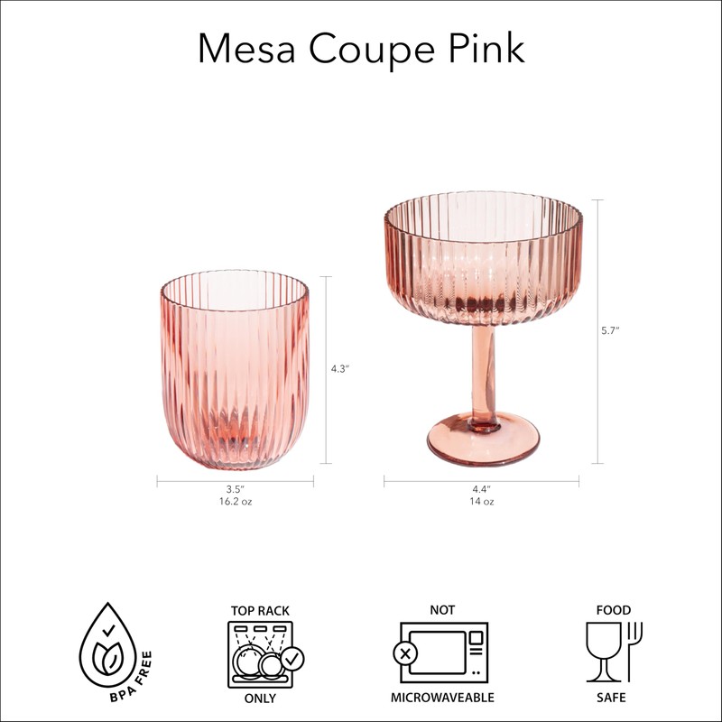 Abode Homewares Mesa Premium Acrylic Drinkware Indoor/Outdoor, Coupe, Pink, 14oz,
