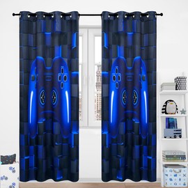 PERFEMET Gamer Blackout Curtains for Kids Bedroom 2 Panels, Black and Blue Video Game Controller Curtains for Boys Teens Living Room Decor 3D Cool Gaming Grommet Window Drapes Set(Blue, 42x54inch)