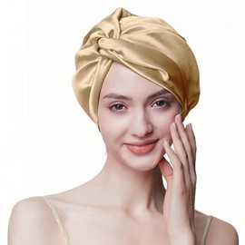 SereLune 100% Mulberry Silk Bonnet Sleep Cap, Double Layer Silk Turban/Bonnet for Sleeping, Hair wrap for Sleep, 8 Colors (US, Alpha, One Size, Gold)