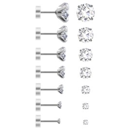 Earring Sets for Multiple Piercings, 7 Pairs 20G Flatback Stainless Steel Earrings Cubic Zirconia Screw Back Earrings Piercing Ear Cartilage Hypoallergenic Earrings Studs (2/3/4/5/6/7/8mm)