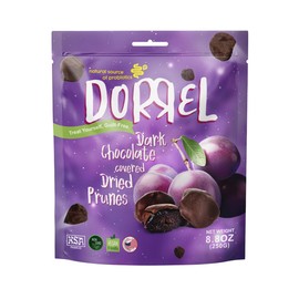 Dorrel Dark Chocolate Covered Dried Prunes - Nutritious and Sweet Snacks - Organic, Vegan - Natural Probiotic - Non-GMO - Kosher Pareve - Healthy, Dried Date Fruit Snack [8.8 Ounce] [1-Pack]