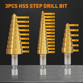 INTHEEND Step Drill Bit Set, 3 Pcs High Speed Steel Spiral Grooved Step Drill Bit for Metal Sheet Aluminum Wood Hole Drilling, 1/4" Hex Shank Step Bit for Faster Drilling 28 Size Cone Step Drill Bits