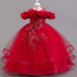 Elegant Girl Piano Performance Dress Flower Girl Wedding Bridesmaid Dress for 4-12 Years O-Neck Crocheted Beading Short forSize: 130, Color: Red, Age: 5-6Y