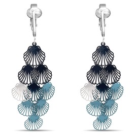 Aloha Earrings Clay Roses & Plumeria Dangling Multi-leaves Victorian Filigree Wood Rhinestone & Glass Butterflies, Fabric Flower Hoops Clip-on Earrings for Women (Blue Dangle Seashells)