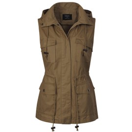 MixMatchy Women's Drawstring Lightweight Loose Fit Sleeveless Safari Vest Utility Jacket Olive 1XL