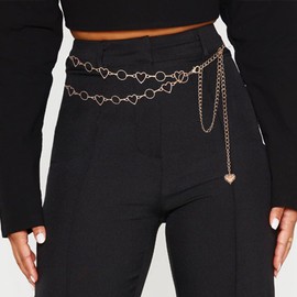 HIQUACC Long Tassel Waist Chain Belt for Women, Adjustable Body Jewelry, Body Belly Chain for Dress (Gold Double Heart-S)