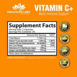 NaturaLife Labs Vitamin C 1,700 MG with Vitamin D3, Zinc, Elderberry, Ginger Root - 100 v caps