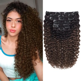 Caliee 14inch Curly Clip in Hair Extensions Real Human Hair 3 B 3C Natural Black Fading into Dark Brown Ombre Double Weft Real Remy Hair Extensions Curly Clip Ins with 7 Pieces 120G