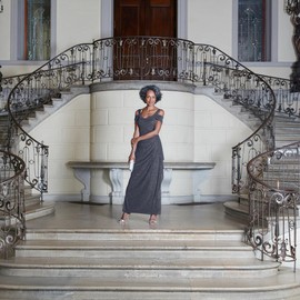 Alex Evenings Women's Long Cold Shoulder Dress (Petite and Regular Sizes), Smoke Glitter, 16