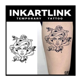 INKARTLINK Tattoo Tech, 2 Sheets Medium Semi Permanent Tattoo, Adult Art Design Temporary Tattoos, Lasts 1-2 Weeks, Waterproof, Realistic Look, No Adhesive, No Reflection (Small Medusa Design)