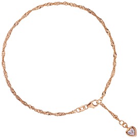 Jobo Women's Anklet Made of 925 Sterling Silver Rose Gold Plated with Heart Pendant 25 cm, Silver, No Gemstone
