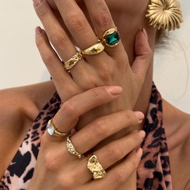 6Pcs Gold Statckable Layered Knuckle Rings for Women,Vintage Chunky Colorful Crystal Open Rings Set,Trendy Unique Finger Aesthetic Jewelry(Green,Green)