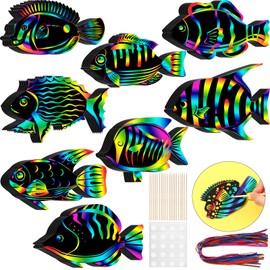 Motionchic 80 Pieces Tropical Fish Scratch Card for Kids Rainbow Ocean Fish Paper Crafts Sea Animal Ornament Under The Sea Party Favors with Wooden Stick and Ribbon for Summer Party DIY Supplies