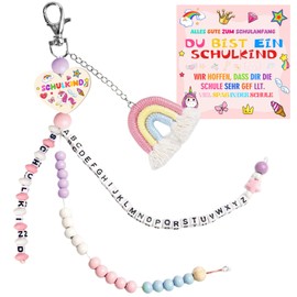 Einschulung Mädchen Rechenkette 2025 Regenbogen Schultüte Füllung Schulkind Glücksbringer Anhänger Schulanfang Geschenk mit Grußkarte Geschenkbox für Freunde und Schulkameradin (Rosa)