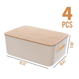 Citylife 4 PCS Storage Bins with Bamboo Lids Plastic Storage Containers for Organizing Stackable Storage Box with Handle, 15.12 x 10.67 x 5.98 inch