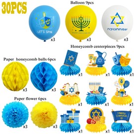 Happy Hanukkah Party Decorations Set - Chanukah Hanging Paper Pom Poms Flowers Paper Honeycomb Balls - Hanukkah Party Balloons Party Supplies - Hanukkah Honeycomb Centerpieces Desk Topper Decors