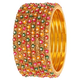 NEW! Touchstone Indian Bollywood Trends Smart Fashion Handcrafted Multicolor Lac Embedded Style Defining Designer Jewelry Bangle Bracelets In Gold Tone. Set Of 8. For Women.