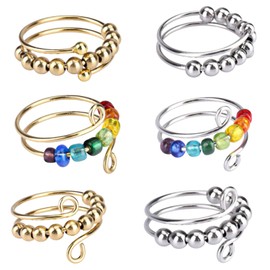 AIYONG Pack of 6 Adjustable Anti-Stress Ring, Anxiety Ring Set, Anxiety Spinning with Beads, Open Spinner Women, Anxiety Stress Rings for Girls and Women, Relief from Anxiety, Copper, anxiety ring