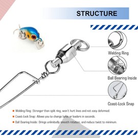 Atibin Bearing Swivels Fishing Snap Saltwater Stainless Lock Snaps Swivel Steel Rolling Quick Fishing Snaps Swivel Freshwater Connector 50pcs 98lbs
