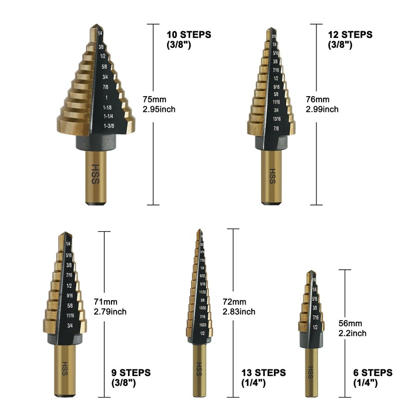 GMTOOLS Step Drill Bit Set - Black and Gold, 6