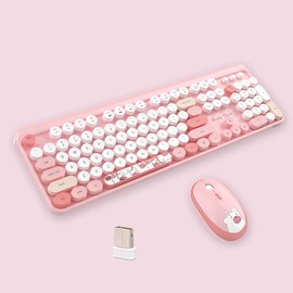 2.4G Full-Size Wireless Keyboard and Mouse Combo, Multi-Color Typewriter Style Round Keycap, Cute Candy Colors, Compatible with Notebook, PC (Pink Bear)