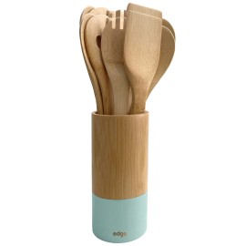 edge Bamboo Wooden Utensils Set with Caddy (Mint, 12-Piece)