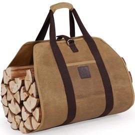 WILLOW WEAVE Firewood Carrier Bag 40" L x 19" W, Wood Carrier for Firewood with Padded Handle, Front Pocket & Foldable Design - Dark Khaki