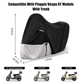 Waterproof Motorcycle Cover Replace for Piaggio Vespa GTV GTS GT125/200/250/300 Super with Trunk Model, 420D Oxford Cloth Motorcycle Cover for Snow Rain Dust Protection