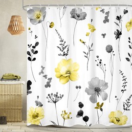 Omifly Watercolor Floral Shower Curtain 72Wx72H Inch Spring Yellow Flower Shower Curtains for Bathroom Modern Minimalist Botanical Wildflower Waterproof Fabric Shower Curtain Set with 12 Plastic Hooks